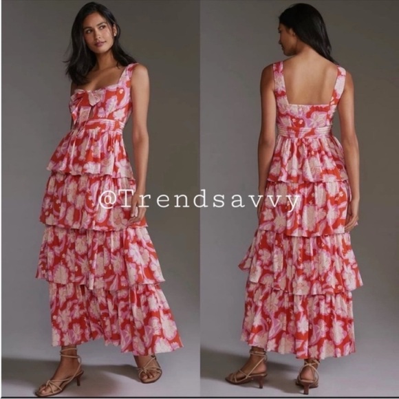 Anthropologie Dresses & Skirts - Anthropologie Vineet Bahl Red Floral Tiered Ruffle Cutout Maxi Dress 14 NWT
